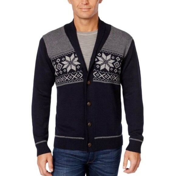 Weatherproof Mens Navy Blue Snow Flake Cardigan Sweater XL Cotton Grandpa Core - Picture 2 of 14